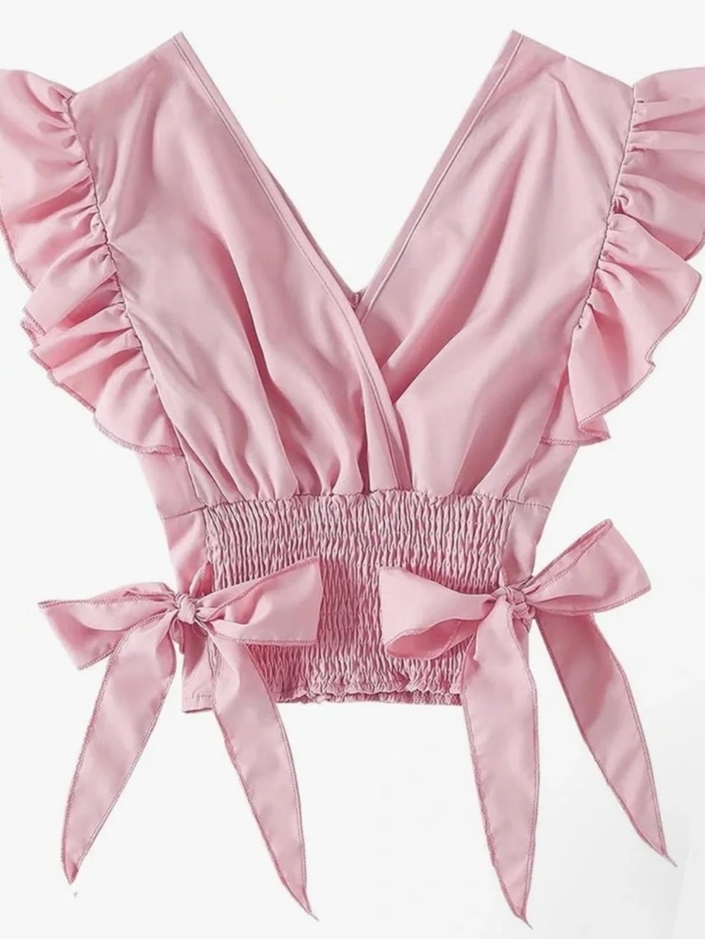 Women’s Pink Ruffle Sleeve Tie-Waist Crop Top XS